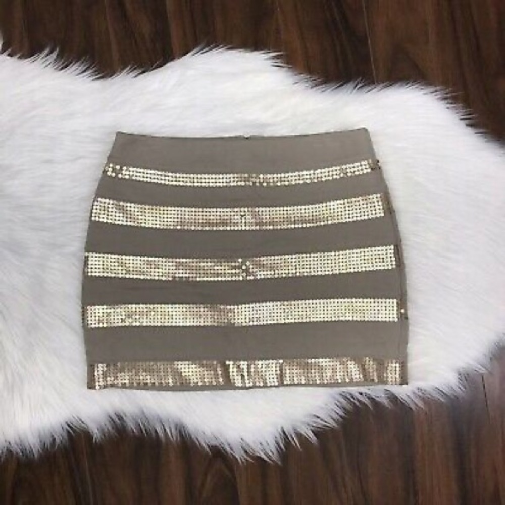 Sequin Beige Gold Striped Sequin Mini Skirt